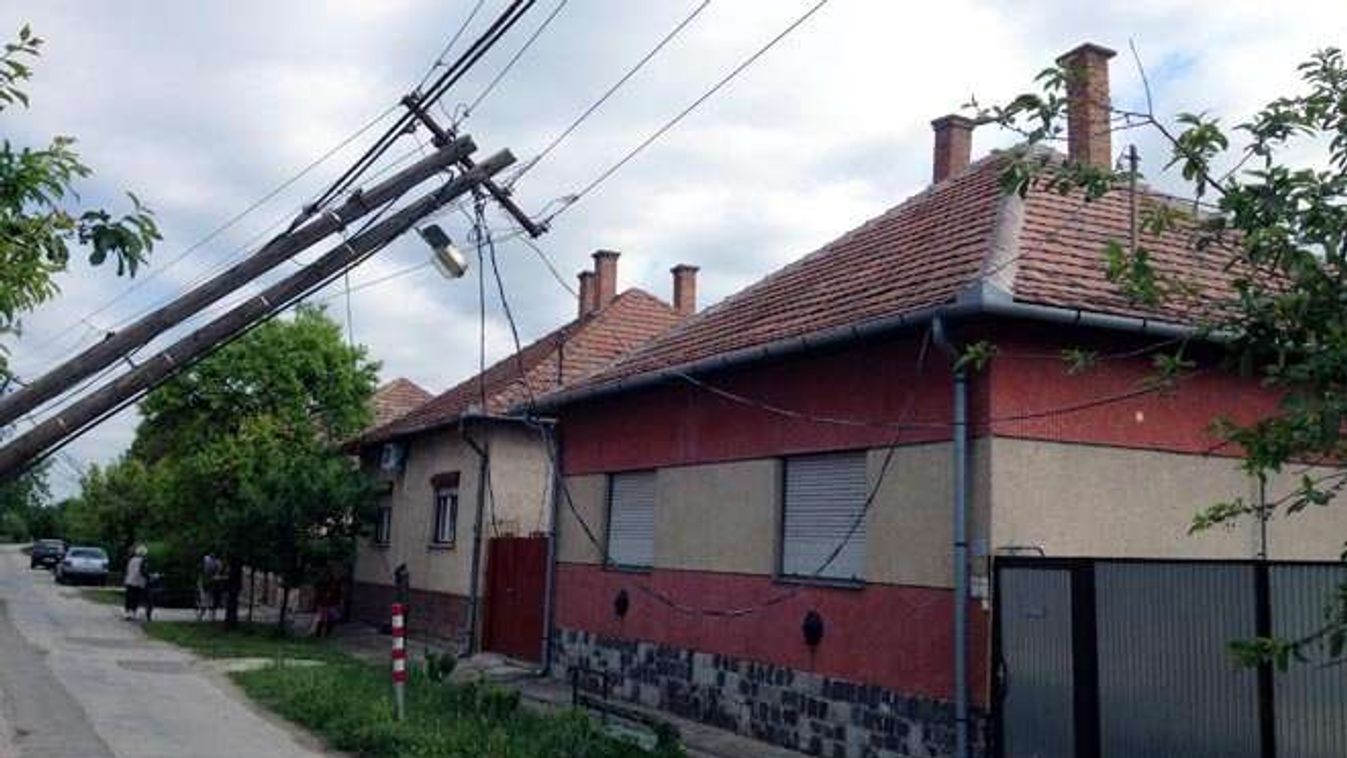 Kidőlt fa, kettétört villanyoszlop, betört tető a vihar után Mindszenten