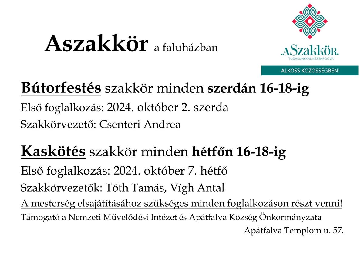 szakkör, szórólap, bútorfestés, apátfalva